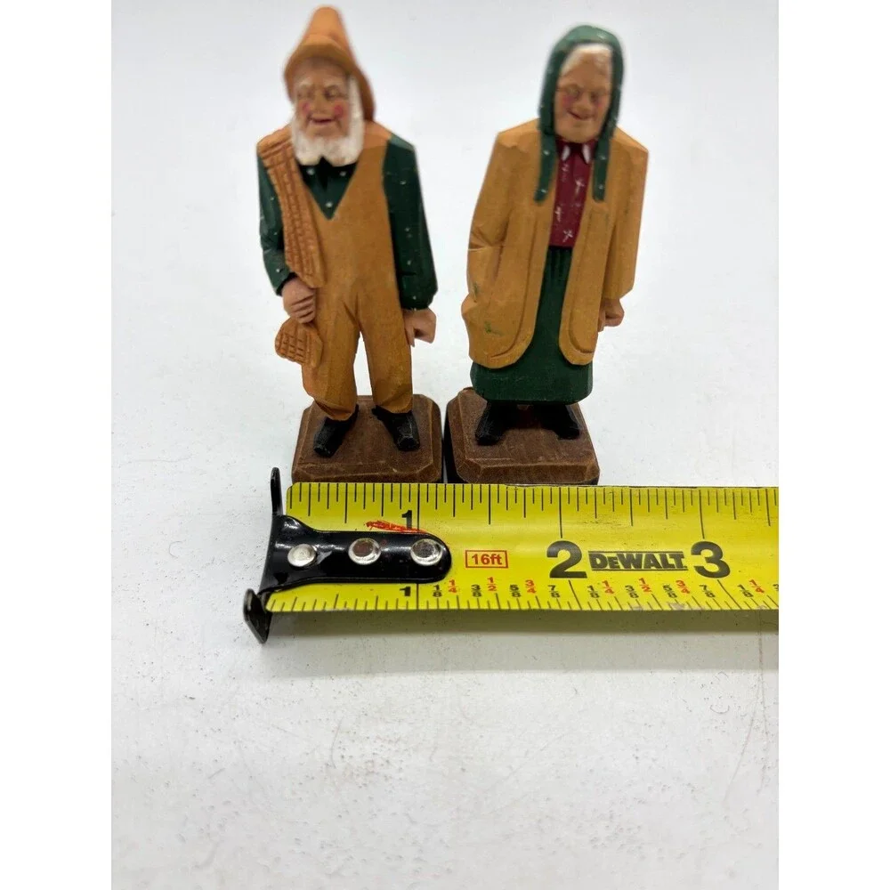 Vintage Hand Carved Wood Figures Elderly Old Couple Folk Art Statue Pair 3